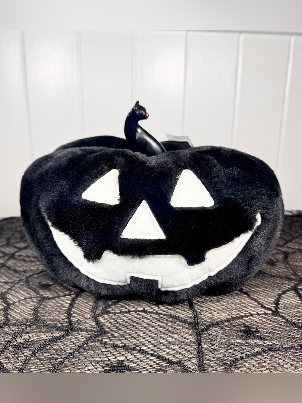 NEW Ghoulish Plush Pumpkin Pillow with Black Cat Stem